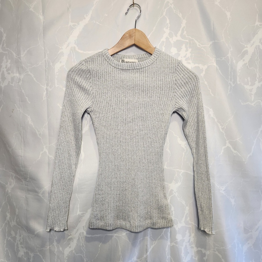 No Boundaries Long Sleeve Pullover Shirt Women's XXS Light Gray Ribbed Crew Neck